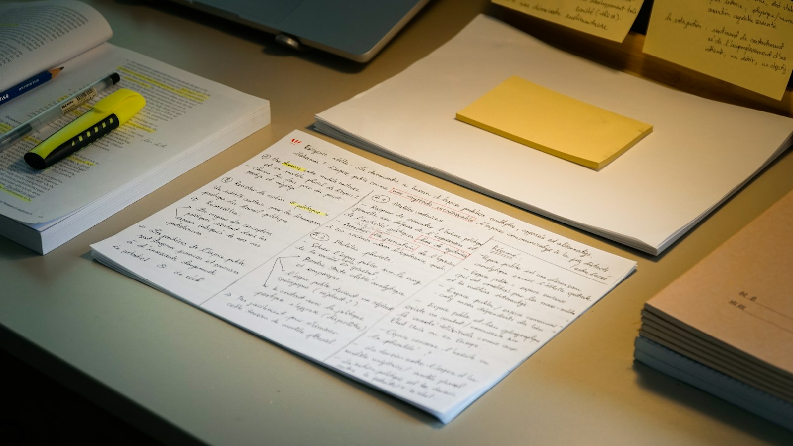 Scrivania con fogli, penne e un evidenziatore per la lettura di un preventivo